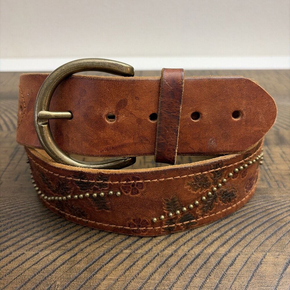 Express Brown Genuine Leather Floral Embossed Wide Studded Belt Women Size L